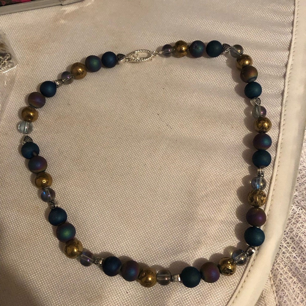 Elegant Blue and Gold Druzy Beaded Necklace Made By Me- 142A $80 or $65 w/offer